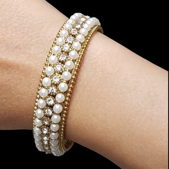 Faux Pearl and CZ Statement Bracelet with Screw Opening/Closure - Picture 2 of 6